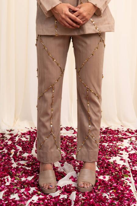 Shop Rirasa Beige Organza Beads, Applique Collared Chatura Embroidered Shirt And Pant Set Online at Aza Fashions Shop_Rirasa_Beige Organza Beads, Applique Collared Chatura Embroidered Shirt And Pant Set_Online_at_Aza_Fashions