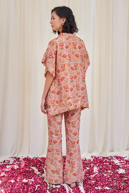 Shop_Rirasa_Pink Tissue Embroidery, Beads Collared Shuktund Floral Print Top And Pant Set_at_Aza_Fashions