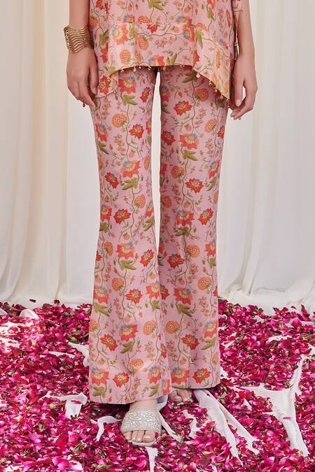 Rirasa_Pink Tissue Embroidery, Beads Collared Shuktund Floral Print Top And Pant Set_Online_at_Aza_Fashions