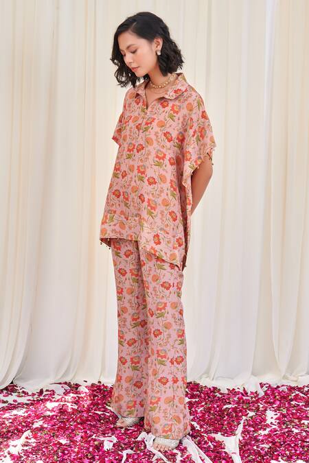 Buy_Rirasa_Pink Tissue Embroidery, Beads Collared Shuktund Floral Print Top And Pant Set_Online_at_Aza_Fashions