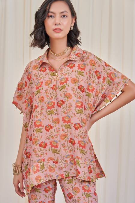 Shop_Rirasa_Pink Tissue Embroidery, Beads Collared Shuktund Floral Print Top And Pant Set_Online_at_Aza_Fashions