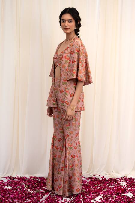 Rirasa Pink Tissue Beads Sweetheart Neck Bherunda Printed Cape Flared Pant Set Online at Aza Fashions Rirasa_Pink Tissue Beads Sweetheart Neck Bherunda Printed Cape Flared Pant Set_Online_at_Aza_Fashions