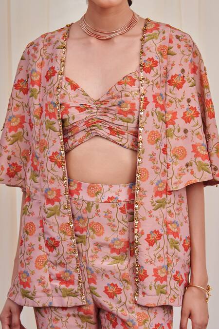 Buy Rirasa Pink Tissue Beads Sweetheart Neck Bherunda Printed Cape Flared Pant Set Online at Aza Fashions Buy_Rirasa_Pink Tissue Beads Sweetheart Neck Bherunda Printed Cape Flared Pant Set_Online_at_Aza_Fashions