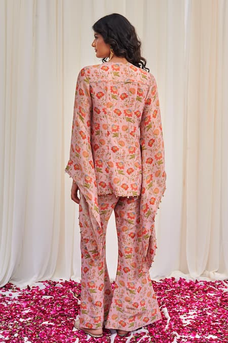 Shop Rirasa Pink Tissue Sequins, Embroidery Swastika Floral Print Kurta And Flared Pant Set at Aza Fashions Shop_Rirasa_Pink Tissue Sequins, Embroidery Swastika Floral Print Kurta And Flared Pant Set_at_Aza_Fashions