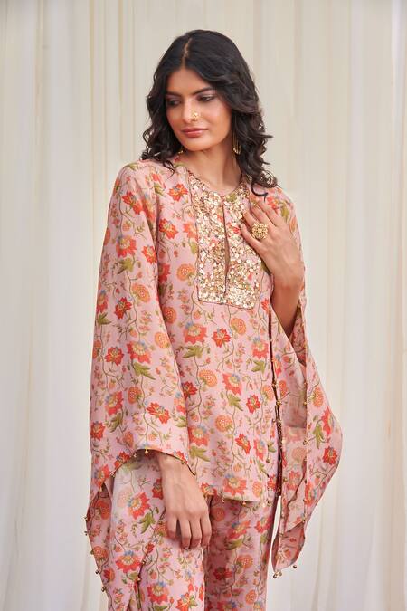 Rirasa Pink Tissue Sequins, Embroidery Swastika Floral Print Kurta And Flared Pant Set Online at Aza Fashions Rirasa_Pink Tissue Sequins, Embroidery Swastika Floral Print Kurta And Flared Pant Set_Online_at_Aza_Fashions