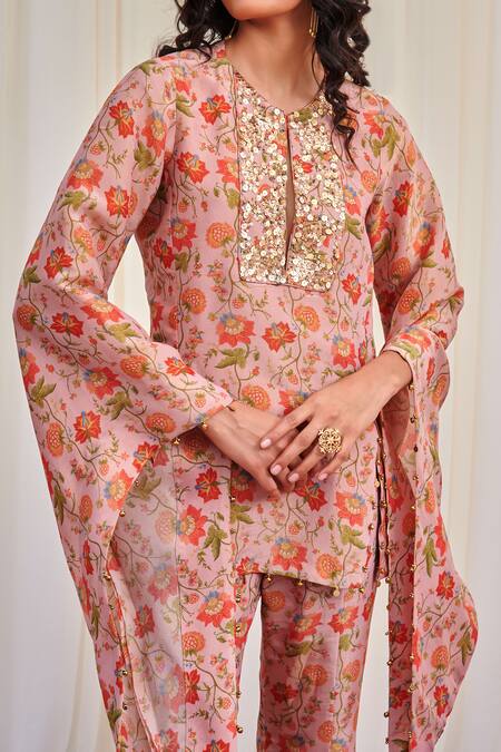 Buy Rirasa Pink Tissue Sequins, Embroidery Swastika Floral Print Kurta And Flared Pant Set Online at Aza Fashions Buy_Rirasa_Pink Tissue Sequins, Embroidery Swastika Floral Print Kurta And Flared Pant Set_Online_at_Aza_Fashions