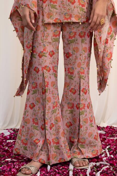 Shop Rirasa Pink Tissue Sequins, Embroidery Swastika Floral Print Kurta And Flared Pant Set Online at Aza Fashions Shop_Rirasa_Pink Tissue Sequins, Embroidery Swastika Floral Print Kurta And Flared Pant Set_Online_at_Aza_Fashions