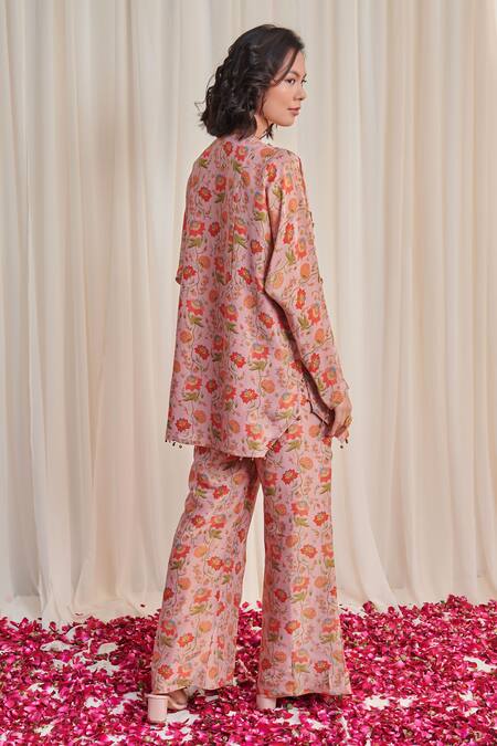 Shop Rirasa Pink Tissue Sequins, Beads Round Neck Sandash Printed Kurta And Flared Pant Set at Aza Fashions Shop_Rirasa_Pink Tissue Sequins, Beads Round Neck Sandash Printed Kurta And Flared Pant Set_at_Aza_Fashions