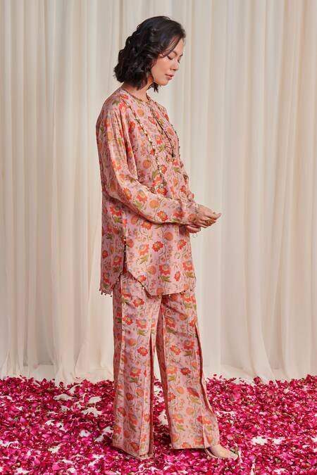 Rirasa Pink Tissue Sequins, Beads Round Neck Sandash Printed Kurta And Flared Pant Set Online at Aza Fashions Rirasa_Pink Tissue Sequins, Beads Round Neck Sandash Printed Kurta And Flared Pant Set_Online_at_Aza_Fashions