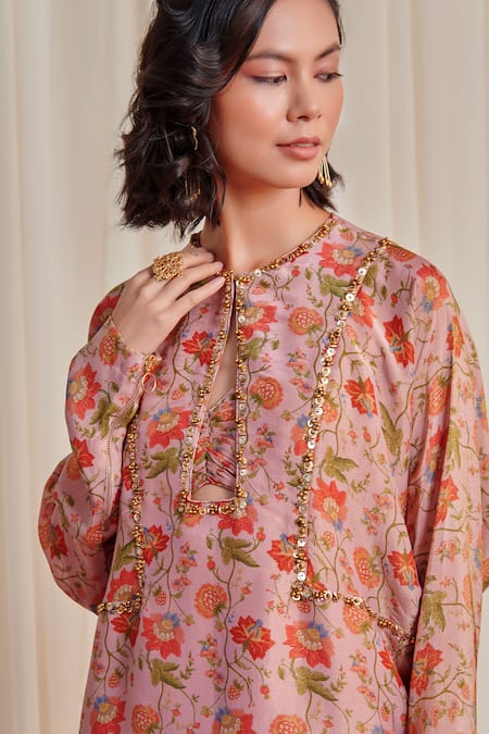 Buy Rirasa Pink Tissue Sequins, Beads Round Neck Sandash Printed Kurta And Flared Pant Set Online at Aza Fashions Buy_Rirasa_Pink Tissue Sequins, Beads Round Neck Sandash Printed Kurta And Flared Pant Set_Online_at_Aza_Fashions