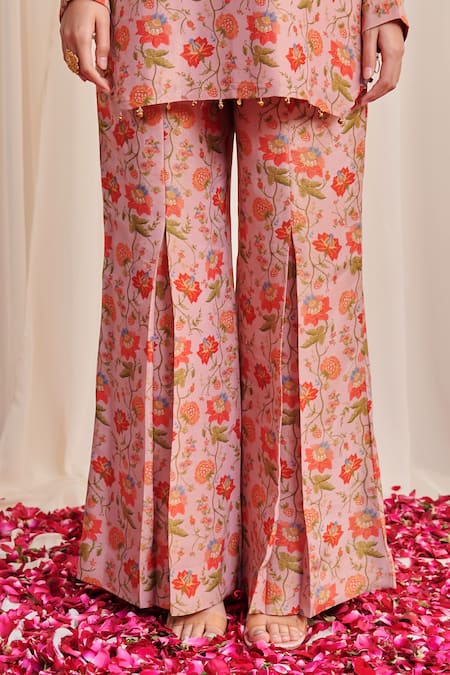 Shop Rirasa Pink Tissue Sequins, Beads Round Neck Sandash Printed Kurta And Flared Pant Set Online at Aza Fashions Shop_Rirasa_Pink Tissue Sequins, Beads Round Neck Sandash Printed Kurta And Flared Pant Set_Online_at_Aza_Fashions