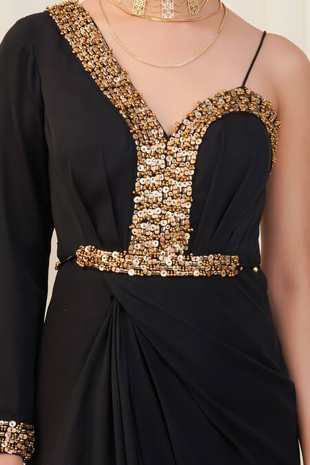 Buy Rirasa Black Georgette Beads, Sequins Asymmetric Mushthi Placket Embroidered Dress Online at Aza Fashions Buy_Rirasa_Black Georgette Beads, Sequins Asymmetric Mushthi Placket Embroidered Dress _Online_at_Aza_Fashions