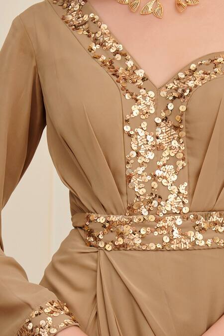 Buy Rirasa Beige Georgette Sequins, Embroidery Asymmetric Hamsasya Neckline Dress Online at Aza Fashions Buy_Rirasa_Beige Georgette Sequins, Embroidery Asymmetric Hamsasya Neckline Dress _Online_at_Aza_Fashions