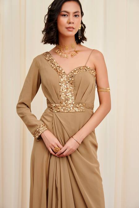 Shop Rirasa Beige Georgette Sequins, Embroidery Asymmetric Hamsasya Neckline Dress Online at Aza Fashions Shop_Rirasa_Beige Georgette Sequins, Embroidery Asymmetric Hamsasya Neckline Dress _Online_at_Aza_Fashions
