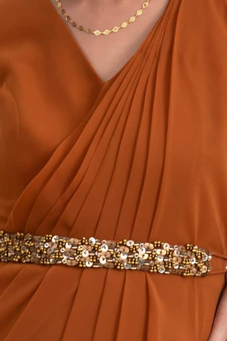 RIRASA_Yellow Georgette Plain V Neck Pintuck Draped Dress _Online_at_Aza_Fashions