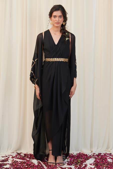 RIRASA Black Georgette Embroidery Bead Cape Open Sampata Pintuck Draped Dress With