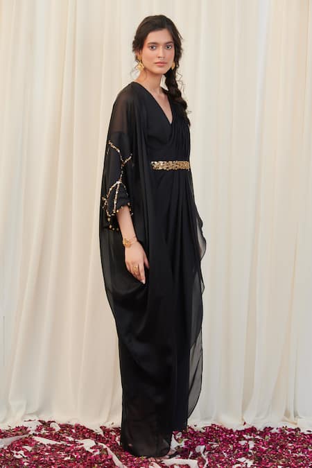 Rirasa_Black Georgette Sequins, Beads V-neck Sampata Pintuck Draped Dress With Cape _Online_at_Aza_Fashions