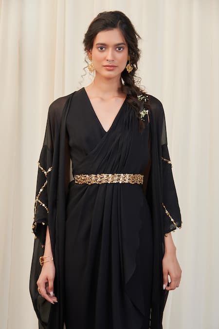 Buy_Rirasa_Black Georgette Sequins, Beads V-neck Sampata Pintuck Draped Dress With Cape _Online_at_Aza_Fashions