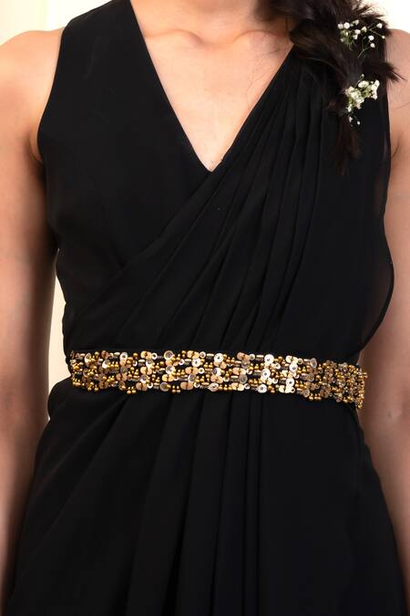 Shop_Rirasa_Black Georgette Sequins, Beads V-neck Sampata Pintuck Draped Dress With Cape 