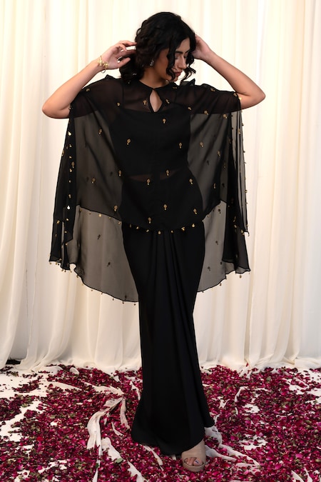 RIRASA Black Organza Embellished Bead Keyhole Khatwa Cape Draped Skirt Set 