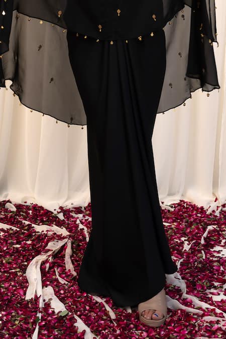 Rirasa_Black Organza Beads, Gota Patti Khatwa Embellished Cape Draped Skirt Set _Online_at_Aza_Fashions