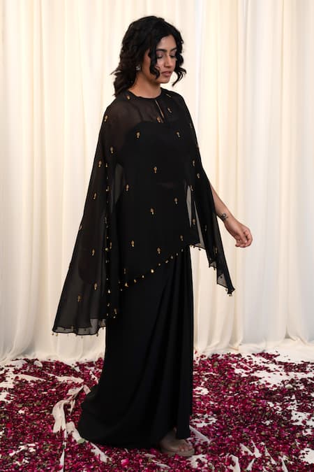 Shop_Rirasa_Black Organza Beads, Gota Patti Khatwa Embellished Cape Draped Skirt Set _Online_at_Aza_Fashions