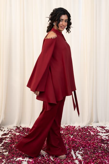 Buy Rirasa Maroon Crepe Sequins, Beads, Embroidery Round Paash Placement Top And Pant Set Online at Aza Fashions Buy_Rirasa_Maroon Crepe Sequins, Beads, Embroidery Round Paash Placement Top And Pant Set _Online_at_Aza_Fashions