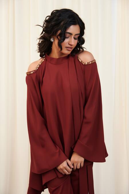 Shop Rirasa Maroon Crepe Sequins, Beads, Embroidery Round Paash Placement Top And Pant Set Online at Aza Fashions Shop_Rirasa_Maroon Crepe Sequins, Beads, Embroidery Round Paash Placement Top And Pant Set _Online_at_Aza_Fashions