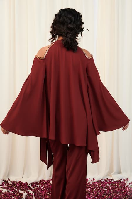 Rirasa Maroon Crepe Sequins, Beads, Embroidery Round Paash Placement Top And Pant Set at Aza Fashions Rirasa_Maroon Crepe Sequins, Beads, Embroidery Round Paash Placement Top And Pant Set _at_Aza_Fashions