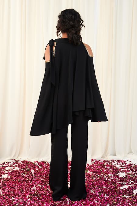 Shop Rirasa Black Crepe Sequins, Beads Round Neck Pushpaputra Embroidered Top And Pant Set at Aza Fashions Shop_Rirasa_Black Crepe Sequins, Beads Round Neck Pushpaputra Embroidered Top And Pant Set _at_Aza_Fashions