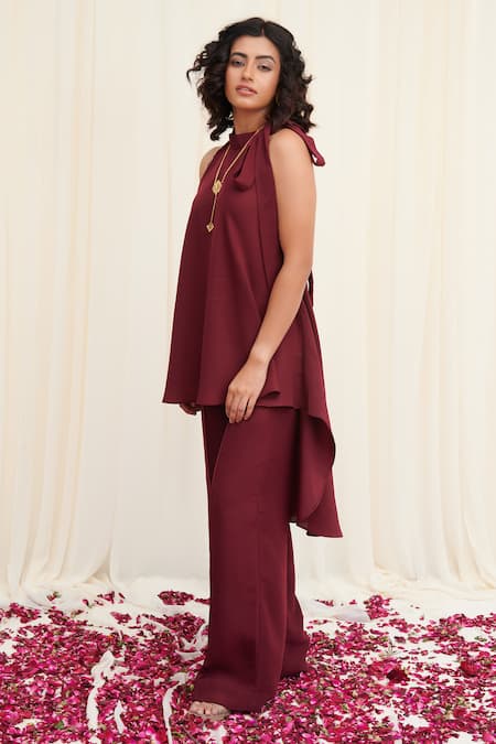 Rirasa_Maroon Crepe Sequins Round Neck Kangul Placement Embroidered Top And Pant Set_Online_at_Aza_Fashions