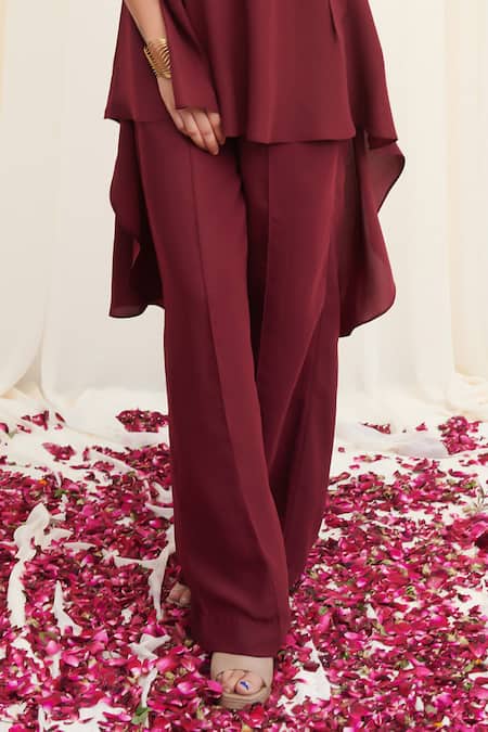 Buy_Rirasa_Maroon Crepe Sequins Round Neck Kangul Placement Embroidered Top And Pant Set_Online_at_Aza_Fashions