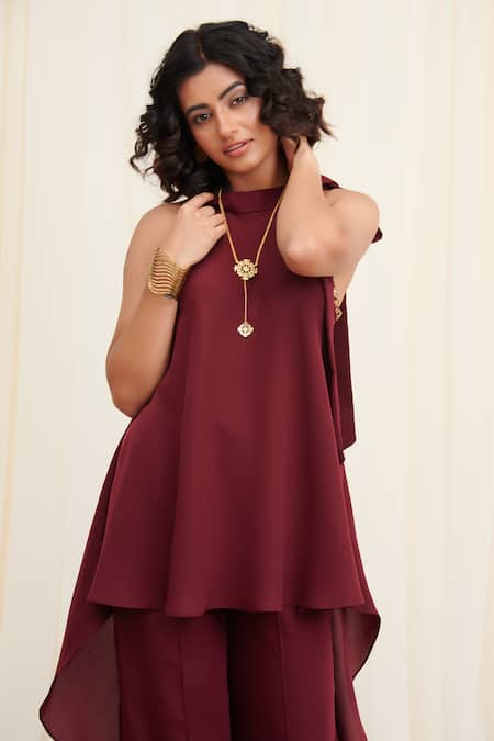 Shop_Rirasa_Maroon Crepe Sequins Round Neck Kangul Placement Embroidered Top And Pant Set_Online_at_Aza_Fashions