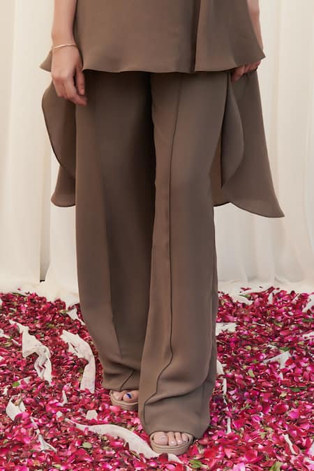 Rirasa_Beige Crepe Sequins Round Neck Tamrachud Work Top And Pant Set_Online_at_Aza_Fashions