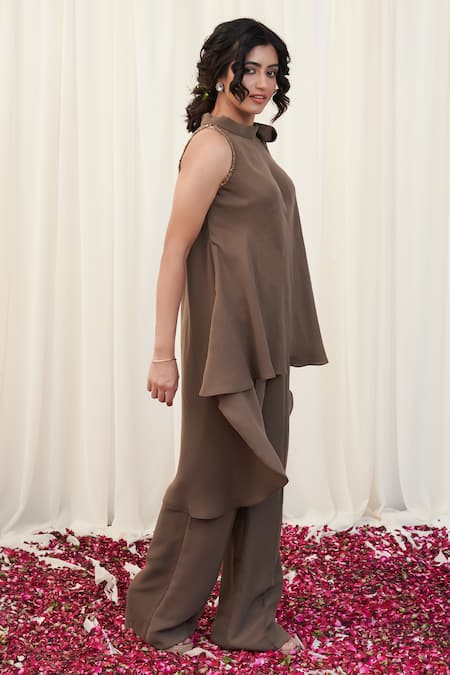 Buy_Rirasa_Beige Crepe Sequins Round Neck Tamrachud Work Top And Pant Set_Online_at_Aza_Fashions