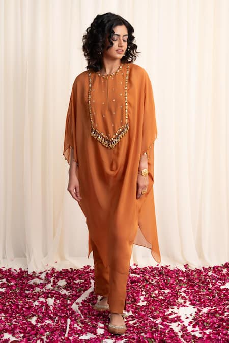 RIRASA Yellow Organza Embroidery Sequin Round Neck Karkata Kurta And Narrow Pant Set 