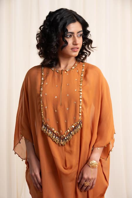 Buy_Rirasa_Yellow Organza Sequins, Beads Round Karkata Embroidered Kurta And Narrow Pant Set _Online_at_Aza_Fashions