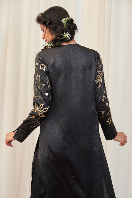 Rirasa_Black Silk Sequins Round Neck Padmakosh Embellished Layered Kurta With Pant_at_Aza_Fashions