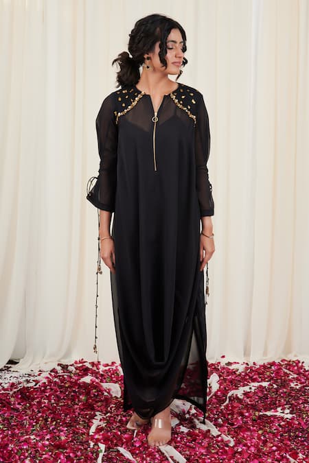 RIRASA Black Georgette Embellished Sequin Round Utsanga Draped Dress 