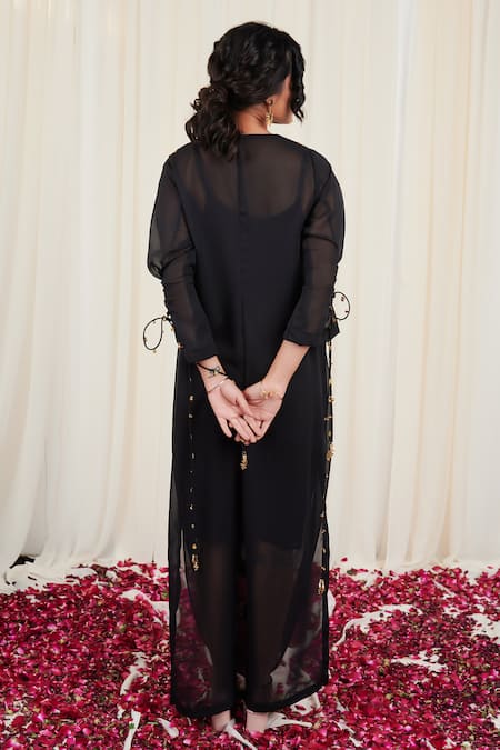 Shop_Rirasa_Black Georgette Sequins Round Neck Utsanga Embellished Draped Dress _at_Aza_Fashions