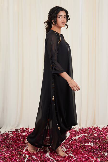 Rirasa_Black Georgette Sequins Round Neck Utsanga Embellished Draped Dress _Online_at_Aza_Fashions