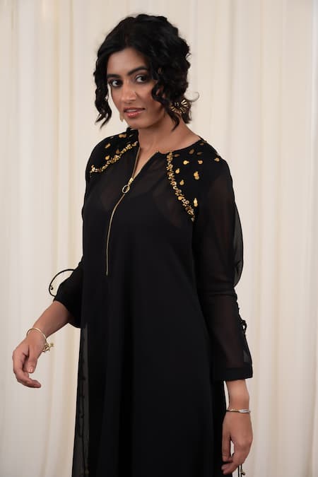 Shop_Rirasa_Black Georgette Sequins Round Neck Utsanga Embellished Draped Dress _Online_at_Aza_Fashions