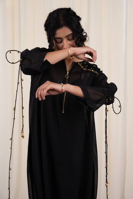 Rirasa_Black Georgette Sequins Round Neck Utsanga Embellished Draped Dress _at_Aza_Fashions