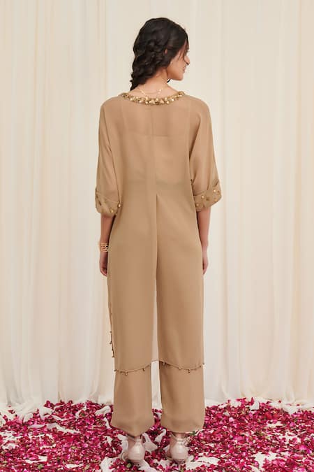 Shop Rirasa Beige Georgette Sequins, Beads Shakata Embellished High-low Kurta With Pant at Aza Fashions Shop_Rirasa_Beige Georgette Sequins, Beads Shakata Embellished High-low Kurta With Pant _at_Aza_Fashions