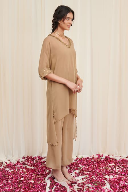 Rirasa Beige Georgette Sequins, Beads Shakata Embellished High-low Kurta With Pant Online at Aza Fashions Rirasa_Beige Georgette Sequins, Beads Shakata Embellished High-low Kurta With Pant _Online_at_Aza_Fashions