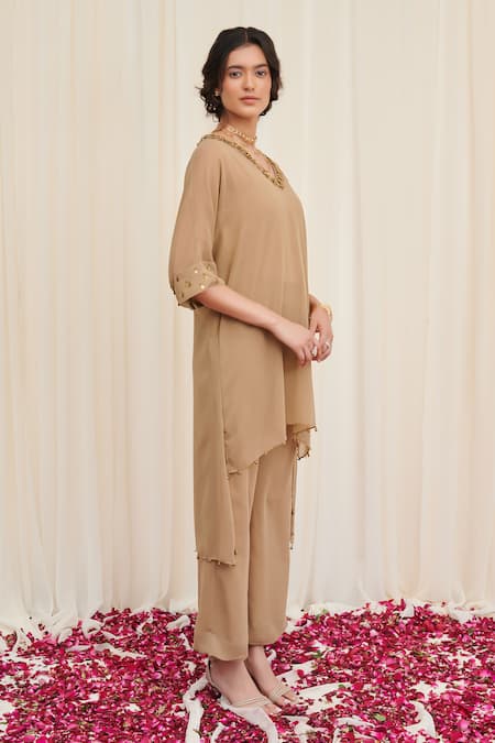 Buy Rirasa Beige Georgette Sequins, Beads Shakata Embellished High-low Kurta With Pant Online at Aza Fashions Buy_Rirasa_Beige Georgette Sequins, Beads Shakata Embellished High-low Kurta With Pant _Online_at_Aza_Fashions