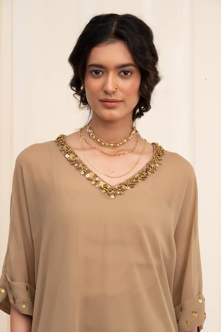 Shop Rirasa Beige Georgette Sequins, Beads Shakata Embellished High-low Kurta With Pant Online at Aza Fashions Shop_Rirasa_Beige Georgette Sequins, Beads Shakata Embellished High-low Kurta With Pant _Online_at_Aza_Fashions