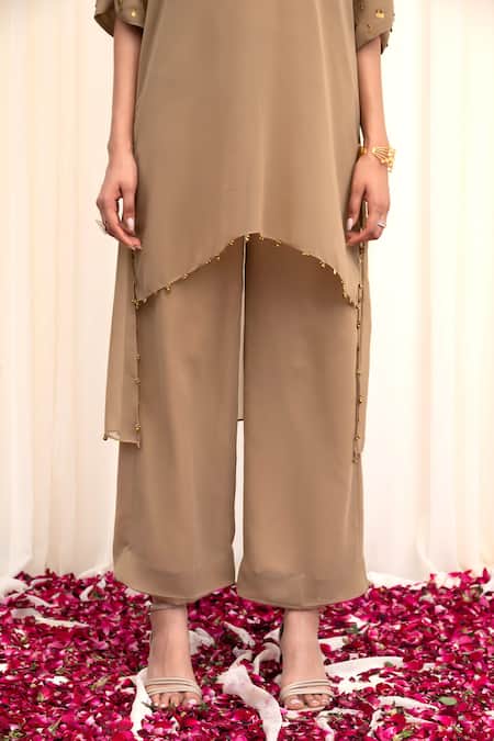 Rirasa Beige Georgette Sequins, Beads Shakata Embellished High-low Kurta With Pant at Aza Fashions Rirasa_Beige Georgette Sequins, Beads Shakata Embellished High-low Kurta With Pant _at_Aza_Fashions