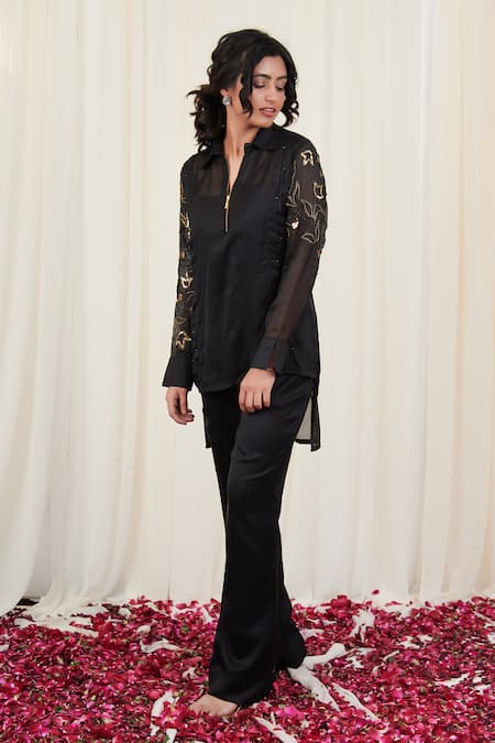 Rirasa_Black Organza Sequins, Beads Kapotha Embellished High-low Kurta With Pant _Online_at_Aza_Fashions