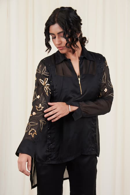 Buy_Rirasa_Black Organza Sequins, Beads Kapotha Embellished High-low Kurta With Pant _Online_at_Aza_Fashions